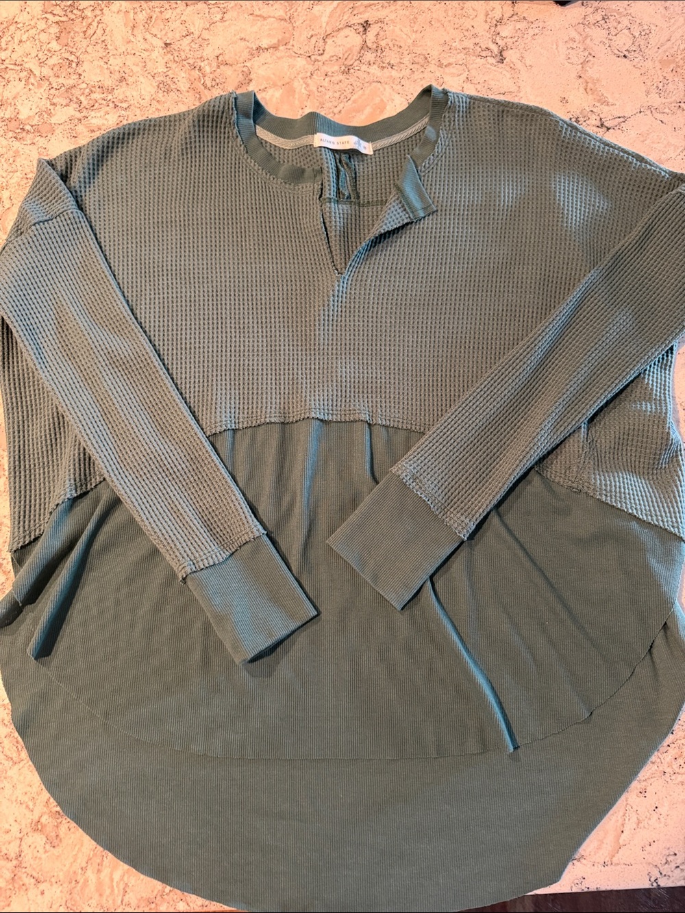 Waffle-Knit Split-Hem Long Sleeve Top - Sage Green